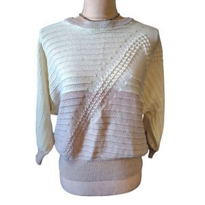 VTG 80s Vivanti Dusty Rose Ivory Cable Knit Crew Neck Sweater Large *Fits like S